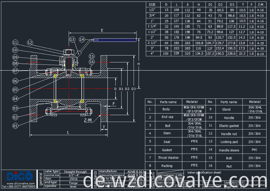 Dico Marke SS CF8 304 Edelstahl Flansches SS316 3PC Flansches schwimmendes Ballventil mit Hebelbetrieb